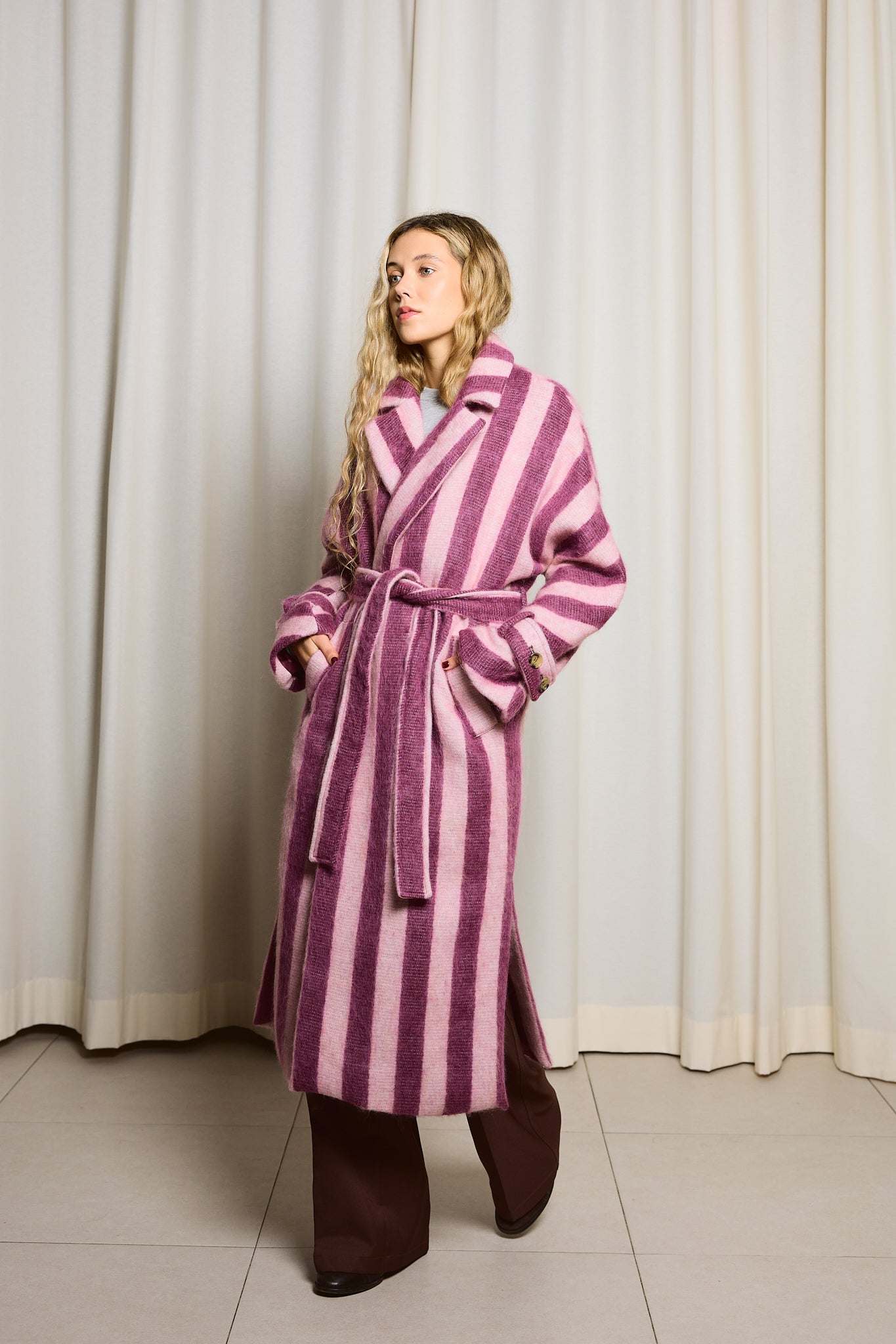 Manteau Alpaga Rayures Roses