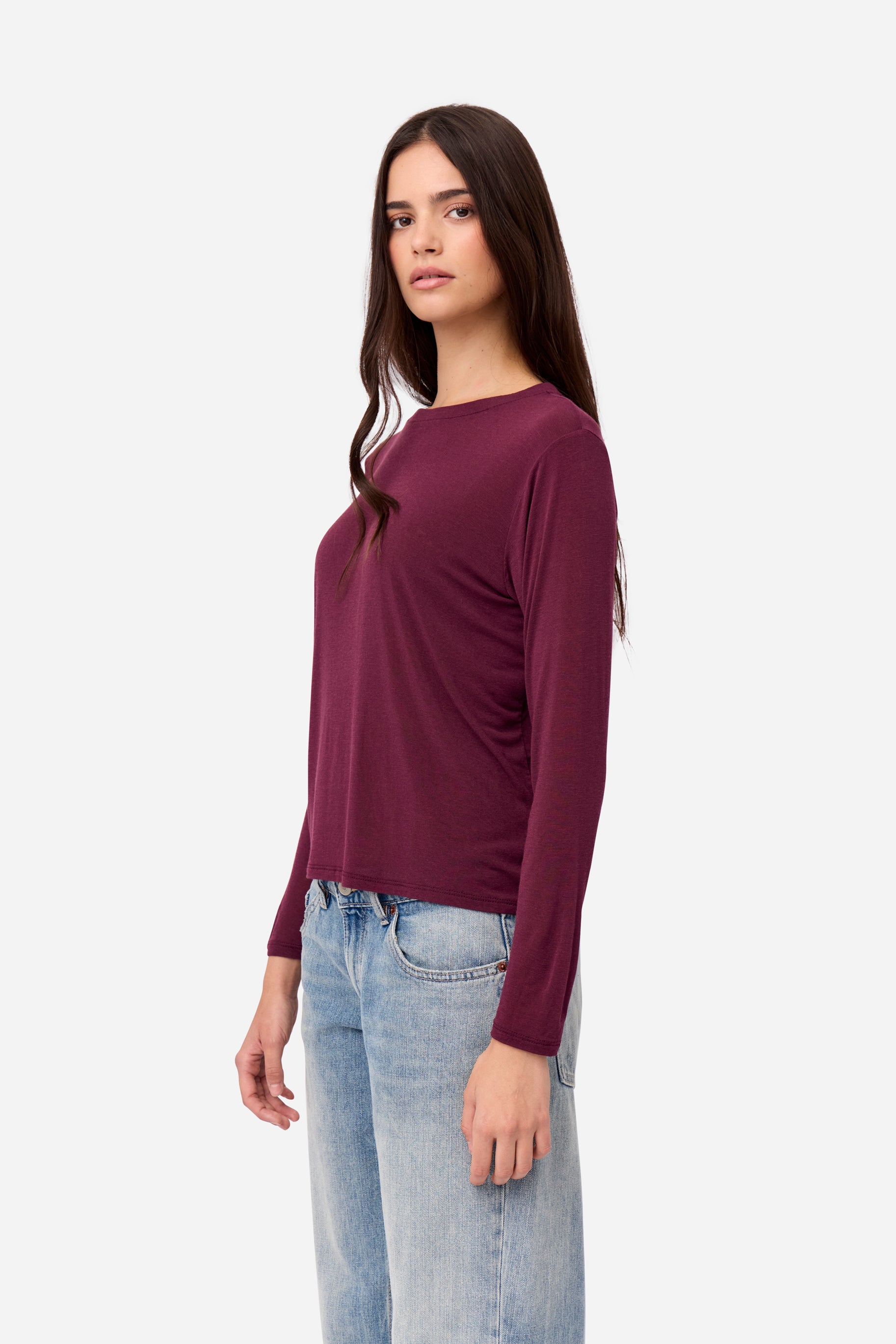 T-shirt Cachemire Manches Longues Aubergine